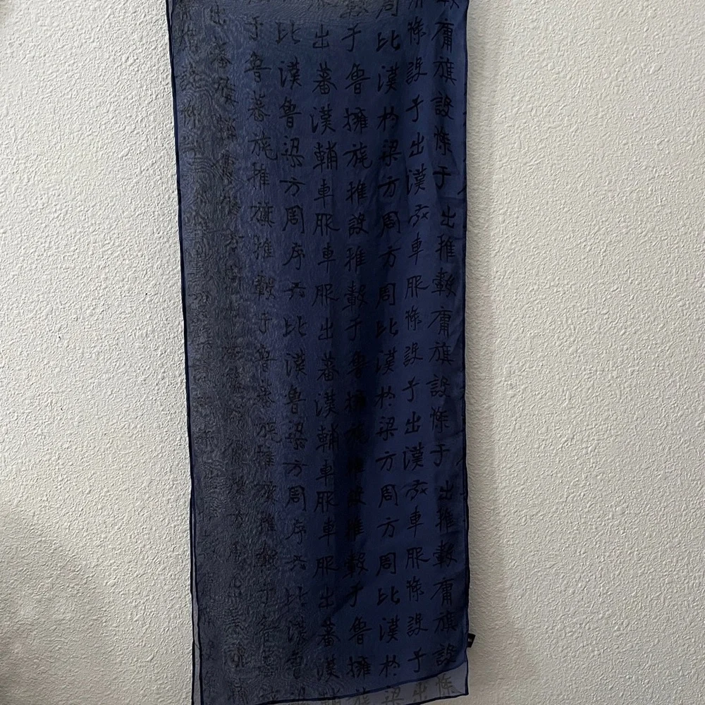 100% Silk Scarf,  Asian Script by BanJara Navy, Black  13”wide 64”long Artsy